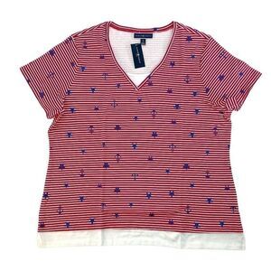 Karen Scott Shirt Top 1X Red White Women's V-Neck Layered Look NEW‎